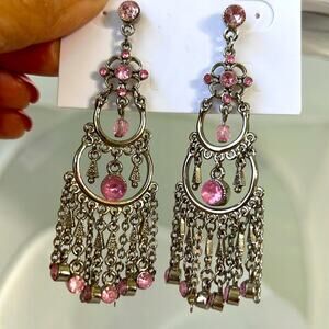 Chandelier Dangle Pink Crystals Silver Tone Earrings